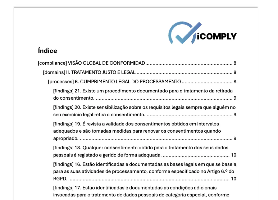 Painel iComply em português para constatações de consentimento e processamento de dados GDPR em Portugal